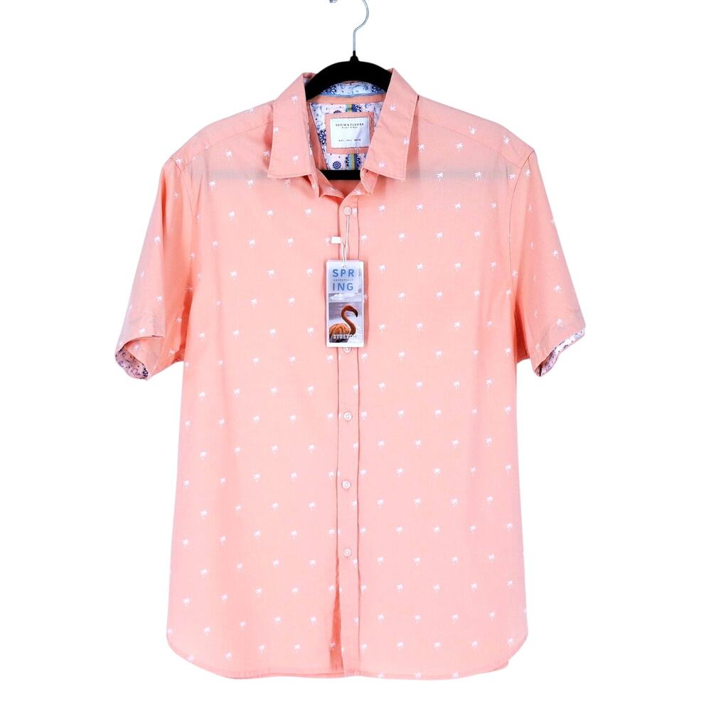Denim & Flowers Palm Tree Button Up Shirt Peach White NWT Short Sleeve Men's L